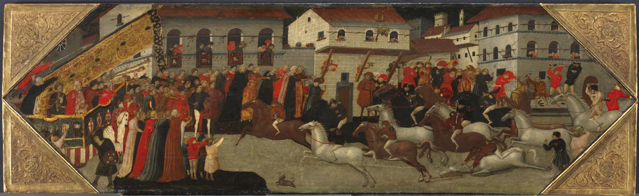 Panel z Cassone: The Race of the Palio v ulicích Florencie, 1418 od Giovanni Francesco Toscani