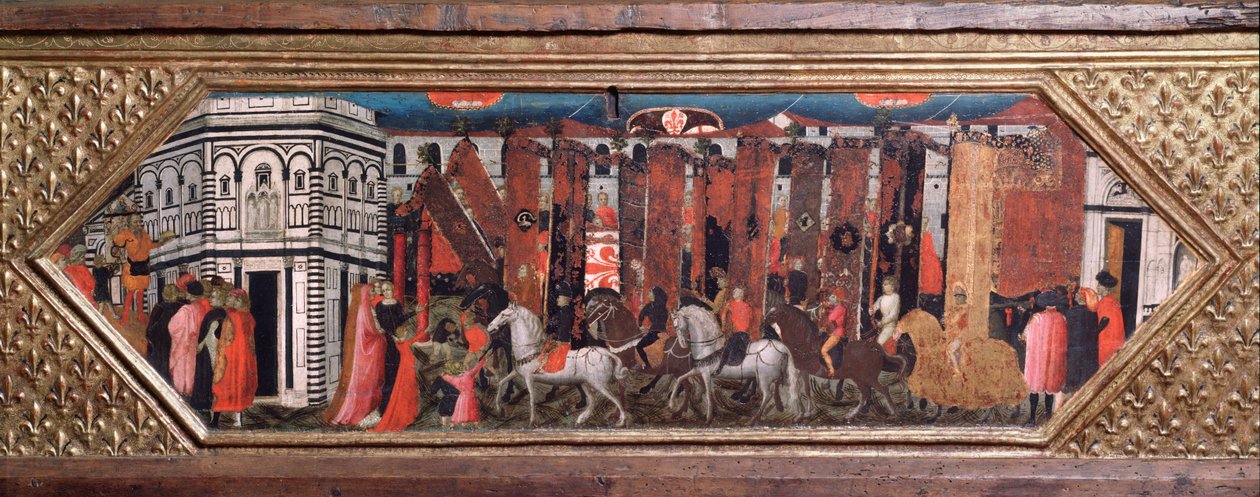 Procesí kůlů San Giovanni - Dřevěná truhla s vyobrazením svátku San Giovanni Battista ve Florencii - Obraz Giovanni Toscani (1370-1430), Bargello Museum, Florencie od Giovanni Francesco Toscani