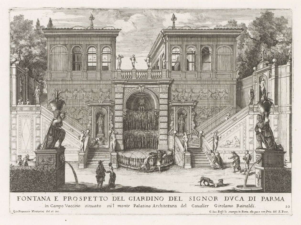 Farnesische Tuinen te Rome Fontána a vyvýšení zahrady vévody z Parmy (...) (název na objektu) Fontány v palácích a zahradách Říma (název série) Fonteinen in de paleizen en tuinen van Rome (název série) od Giovanni Francesco Venturini