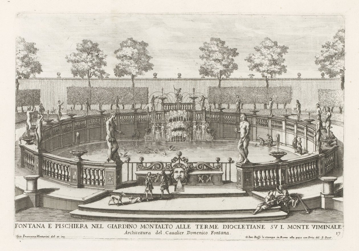 Fontána a rybníček v zahradách Villa Montalto v Římě Fontana e pischiera nel giardino Montalto alle Terme Diocletiane (...) (název na objektu) Le fontane ne palazzi e ne giardini di Roma (název série) Fontány v palácích a zahradách Ro od Giovanni Francesco Venturini