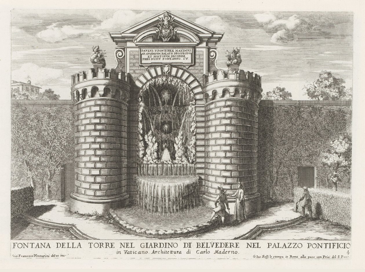 Fontein ve Vaticaanse tuinen Věžová kašna v zahradě Belvedere v Papežském paláci (...) (titul na objektu) Fontány v palácích a zahradách Říma (název série) Fonteinen in de paleizen en tuinen van Rome (název série) od Giovanni Francesco Venturini