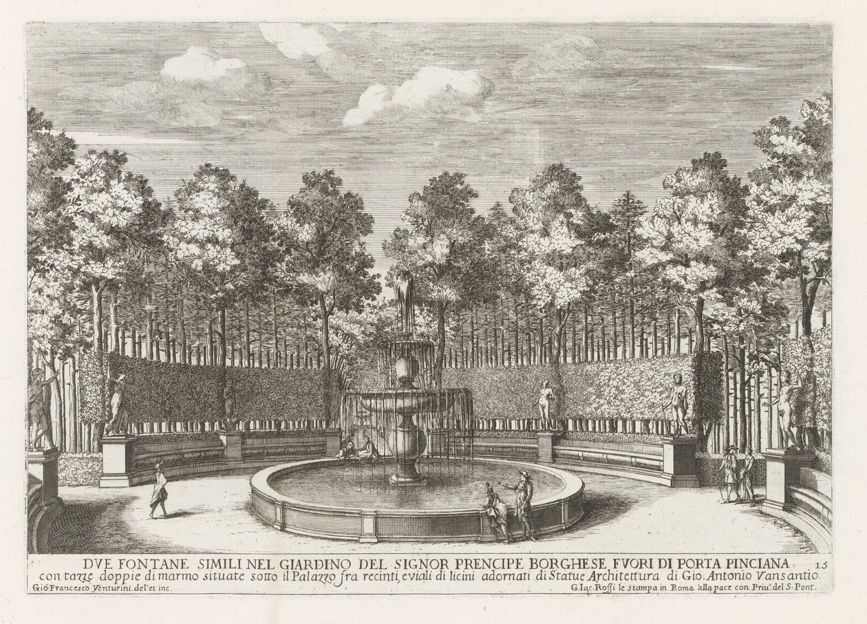 Fontein v de Villa Borghese v Římě Dvě podobné fontány v zahradě Signor prencipe Borghese (...) (název na objektu) Fontány v palácích a zahradách Říma (název série) Fonteinen in de paleizen en tuinen van Rome (název série) od Giovanni Francesco Venturini