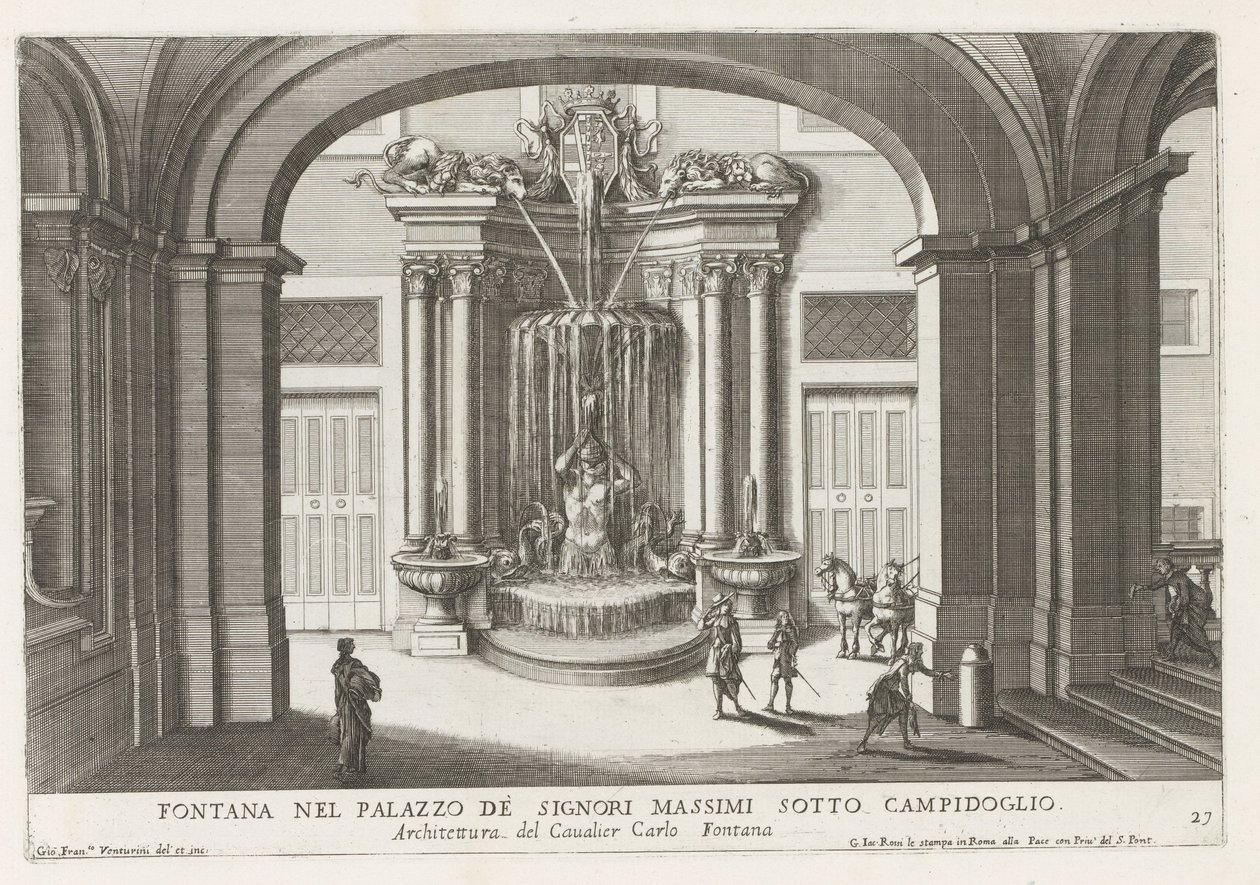 Fontein in de binnenplaats van het Palazzo Massimo di Rignano te Rome Fontána v Palazzo de Signori Massimi pod Campidoglio (název na objektu) Fontány v palácích a zahradách Říma (název série) Fonteinen in de paleizen en tuinen van Rome (vážný od Giovanni Francesco Venturini