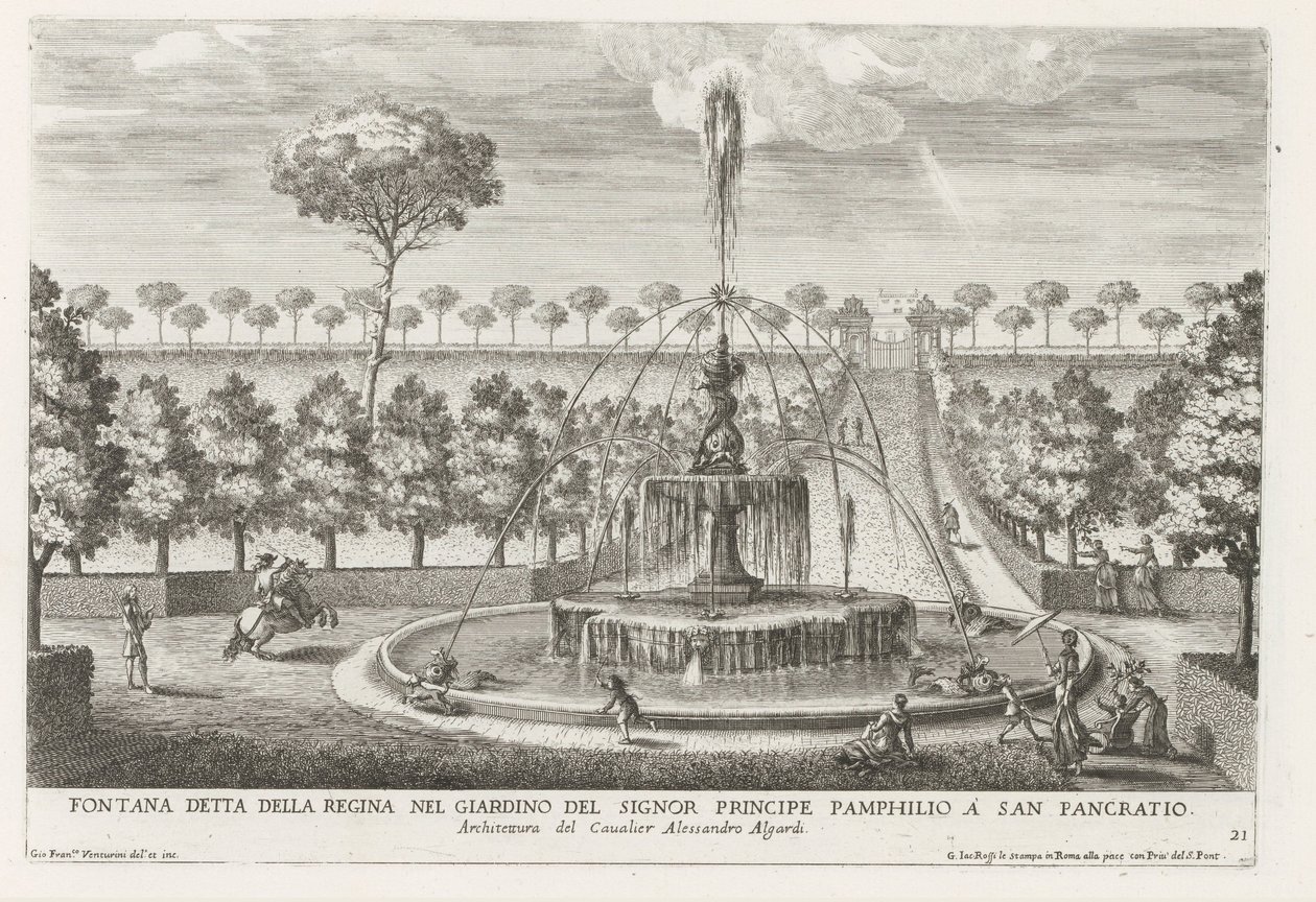Fontein in de tuinen van Villa Doria Pamphilj te Rome Fontána známá jako královna v zahradě prince Pamphilia v San Pancratio (název na objektu) Fontány v palácích a zahradách Říma (název série) Fonteinen in de paleizen en tuinen v od Giovanni Francesco Venturini