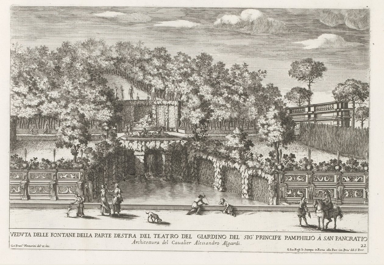 Fontein in de tuinen van Villa Doria Pamphilj te Rome Pohled na fontány na pravé straně zahradního divadla (...) (titul na objektu) Fontány v palácích a zahradách Říma (název série) Fonteinen in de paleizen en tuinen van Rome (série od Giovanni Francesco Venturini
