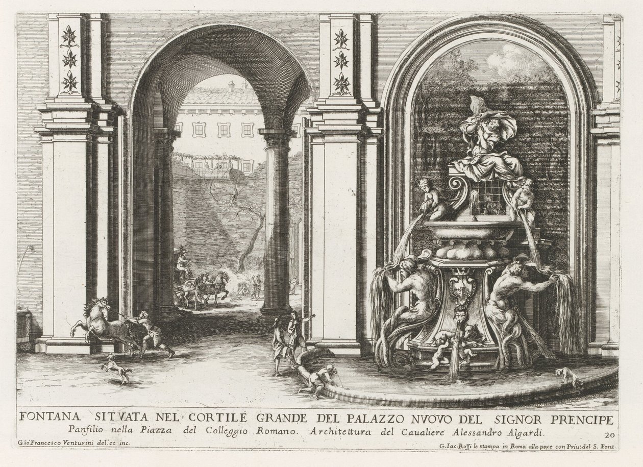Fontein in een binnenplaats van het Palazzo Doria Pamphilj te Rome Fontána umístěná na velkém nádvoří Palazzo Nuovo del Signor prencipe (...) (název na objektu) Fontány v palácích a zahradách Říma (název série) Fonteinen in de paleizen en tu od Giovanni Francesco Venturini