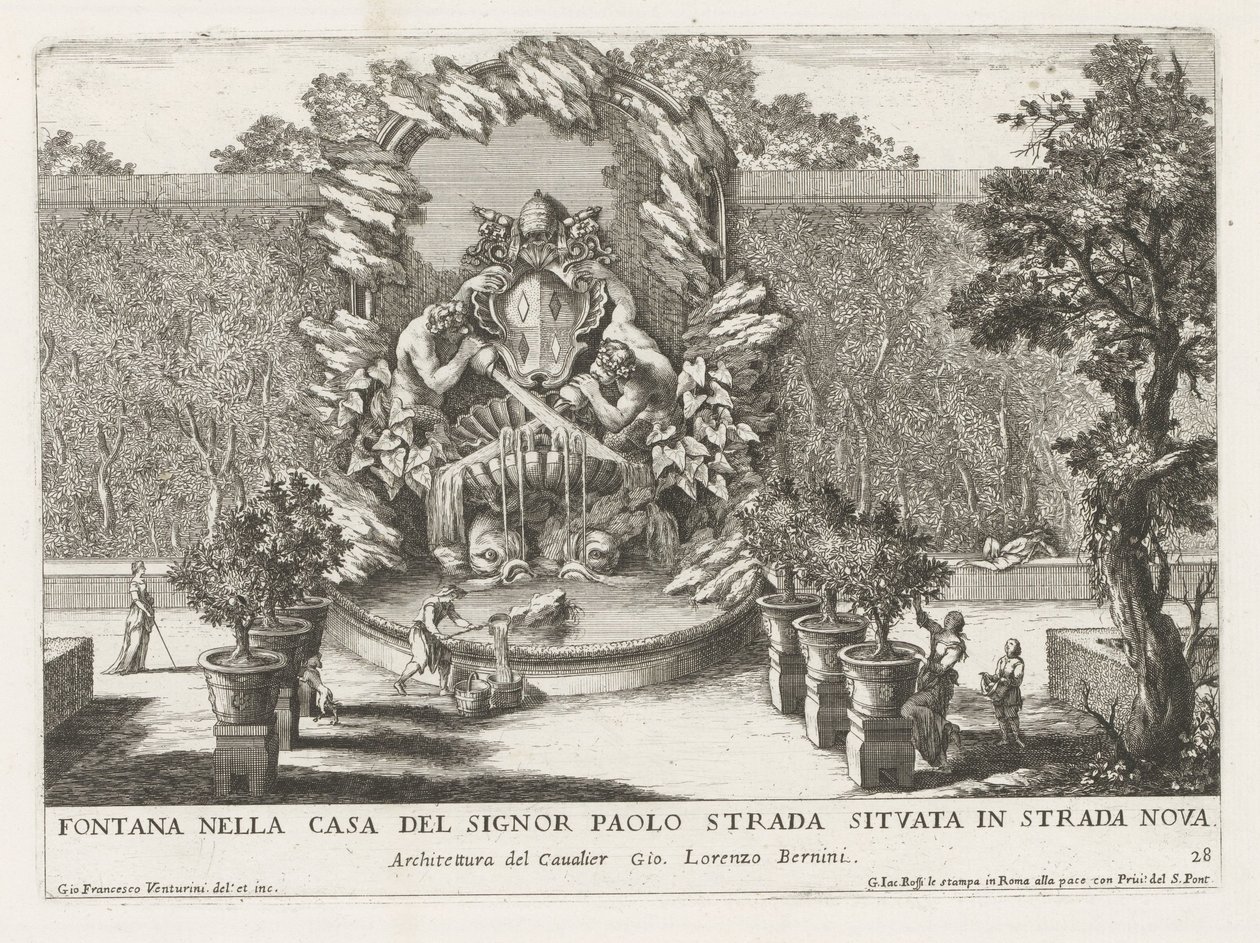 Fontána s papežským erbem, dvěma tritony a delfíny Fontana nella casa del signor Paolo strada situata in strada nova (titul na objektu) Le fontane ne palazzi e ne giardini di Roma (název série) Fontány v palácích a zahradách Říma ( od Giovanni Francesco Venturini