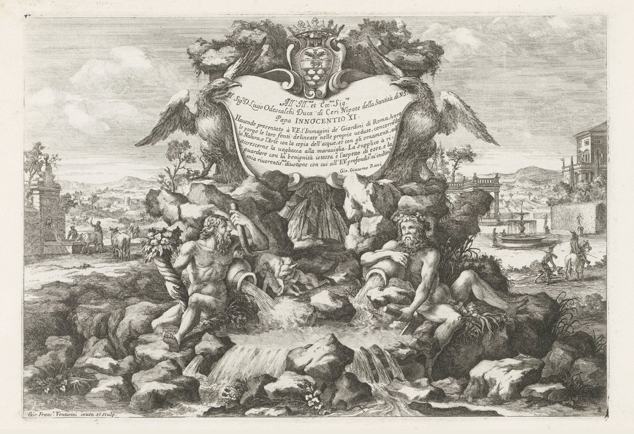 Fontána s věnováním a erbem Livia Odescalchiho Le fontane ne palazzi e ne giardini di Roma (název série) Fontány v palácích a zahradách Říma (název série) od Giovanni Francesco Venturini