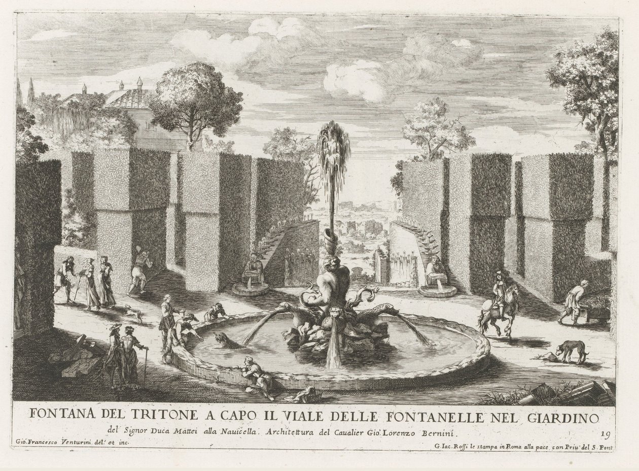 Fontein se setkal s tritonem v de tuinen van de Villa Celimontana te Rome Tritonova fontána v čele aleje fontán v zahradě (...) (nadpis na objektu) Fontány v palácích a zahradách Říma (název série) Fonteinen in de paleizen en tuinen van od Giovanni Francesco Venturini