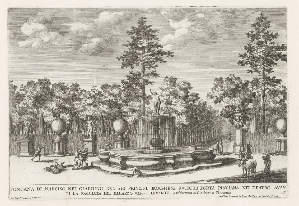 Fontein van Narcissus v de Villa Borghese te Rome Narcisova fontána v zahradě pana Principe Borghese (...) (název na objektu) Fontány v palácích a zahradách Říma (název série) Fonteinen in de paleizen en tuinen van Rome (název série) od Giovanni Francesco Venturini