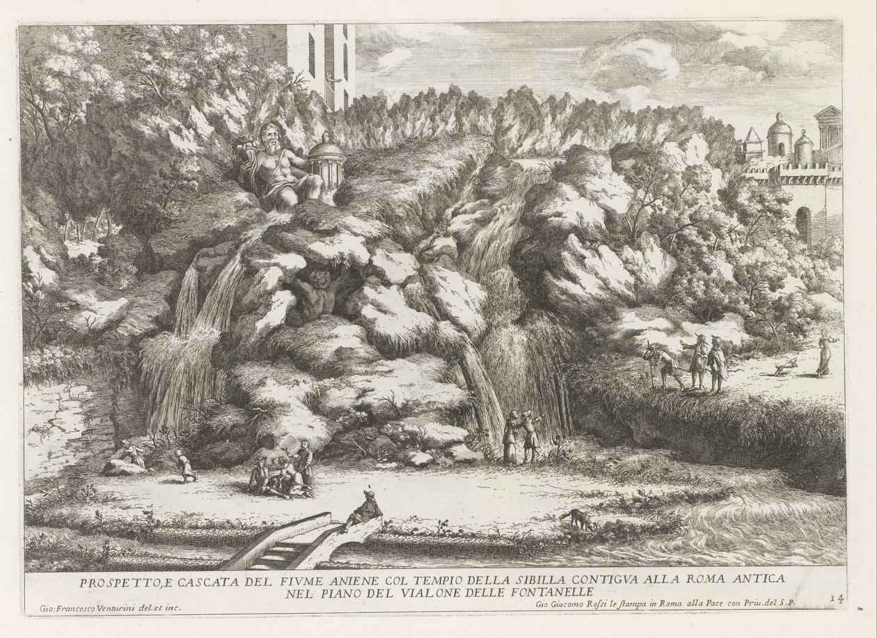 Landschap met cascade en Tempel van de Tiburtijnse Sibille te Tivoli Prospetto e cascata del fiume aniene col tempio della sibilla (...) (title on object) Le fontane del giardino Estense in Tivoli (series title) Fonteinen in de tuinen van Villa d