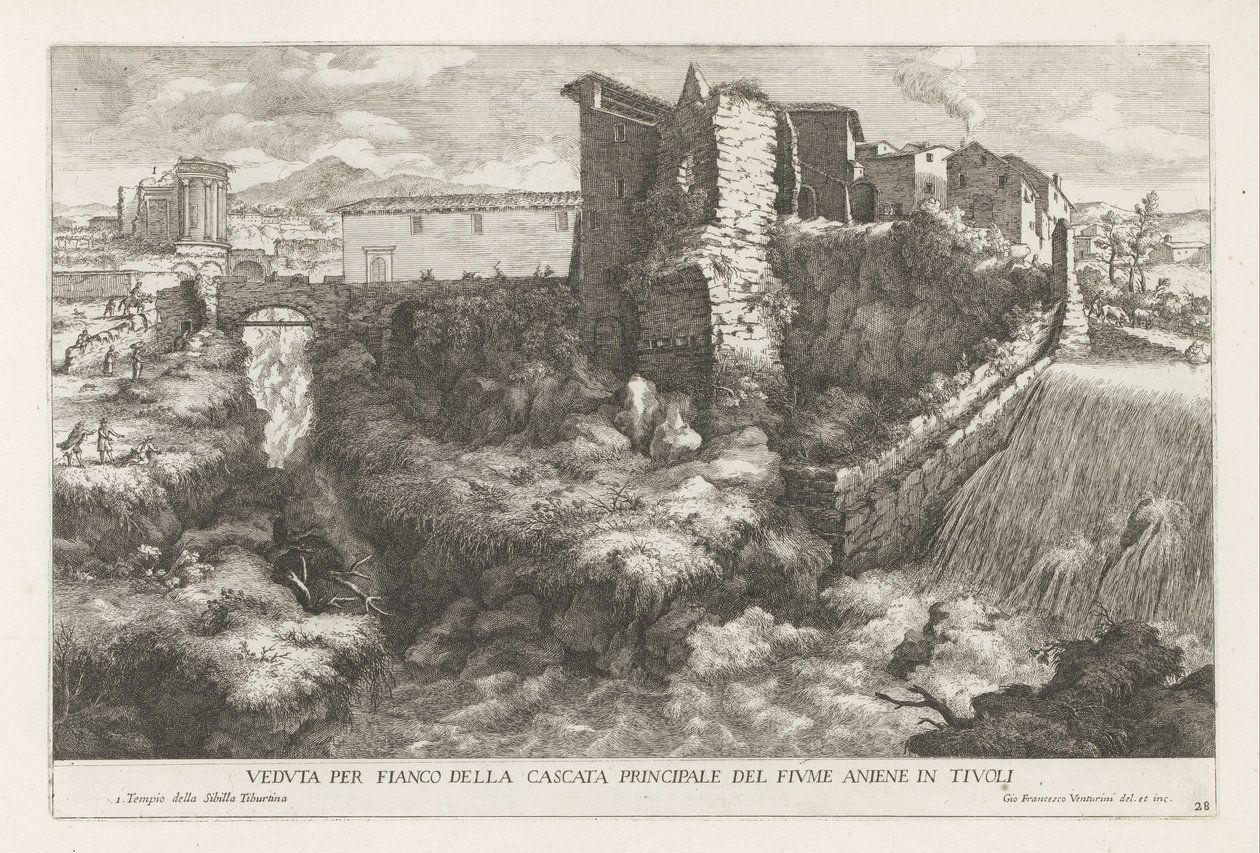 Landschap potkal waterval en Tempel van de Tiburtijnse Sibille t a Tivoli Boční pohled na hlavní vodopád řeky Aniene v Tivoli (název na objektu) Fontány zahrady Estense v Tivoli (název série) Fonteinen in de tuinen van Villa d