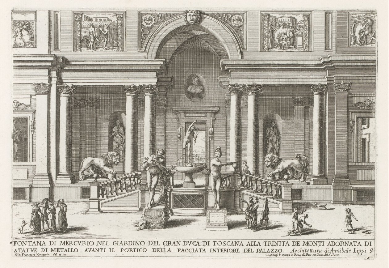 Loggia en tuin van de Villa Medici te Rome Merkurova fontána v zahradě velkovévody z Toskánska v Trinita de Monti (...) (název na objektu) Fontány v palácích a zahradách Říma (název série) Fonteinen in de paleizen en tuinen van Rome (se od Giovanni Francesco Venturini