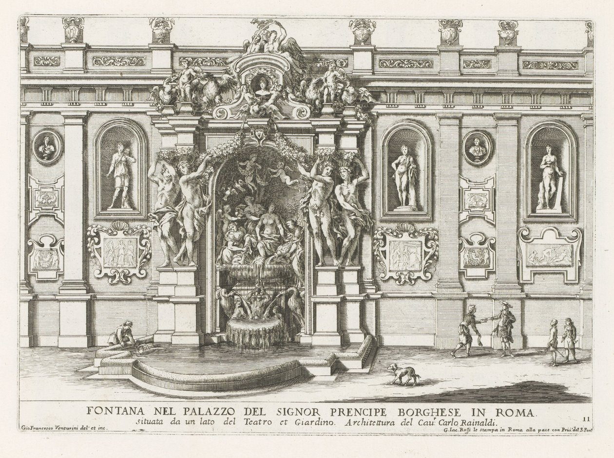 Nymphaeum v de binnenplaats van het Palazzo Borghese te Rome Fontána v paláci Signor prencipe Borghese v Římě (...) (název na předmětu) Fontány v palácích a zahradách Říma (název série) Fonteinen in de paleizen en tuinen van Rome (série od Giovanni Francesco Venturini