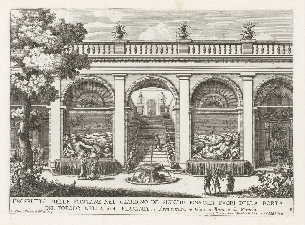 Tuin van een paleis te Rome Prospekt fontán v zahradě pánů Boromejů (...) (název na objektu) Fontány v palácích a zahradách Říma (název série) Fonteinen in de paleizen en tuinen van Rome (název série) od Giovanni Francesco Venturini