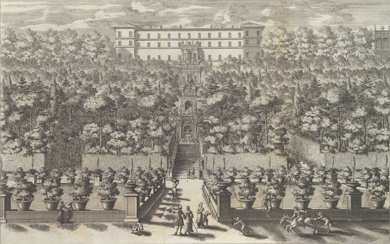Pohled na palác ze zahradního patra s fontánami ..., 1691 nebo později. od Giovanni Francesco Venturini