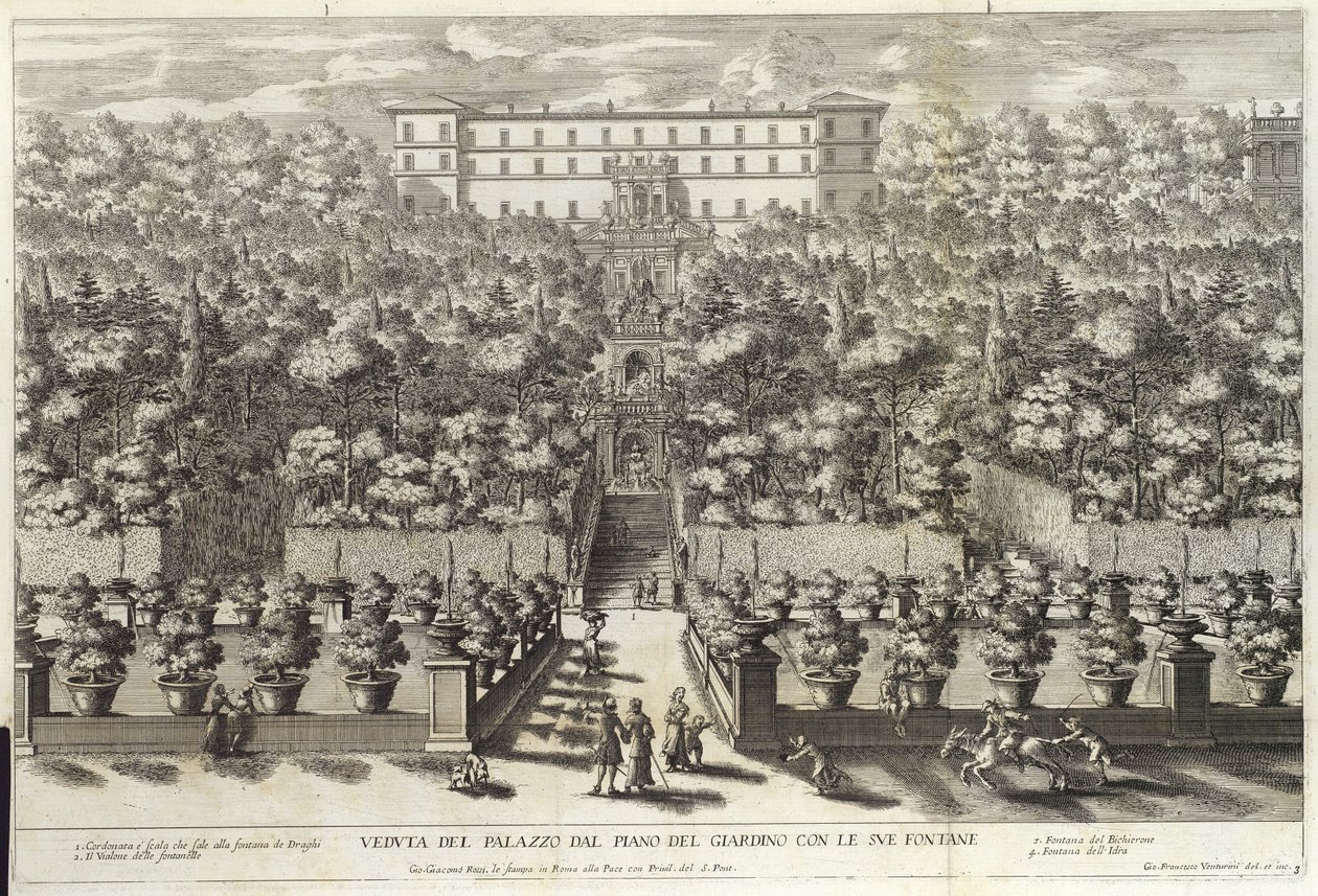 Pohled na palác ze zahradního patra s fontánami, z hospody La Fontane. c 1691 od Giovanni Francesco Venturini