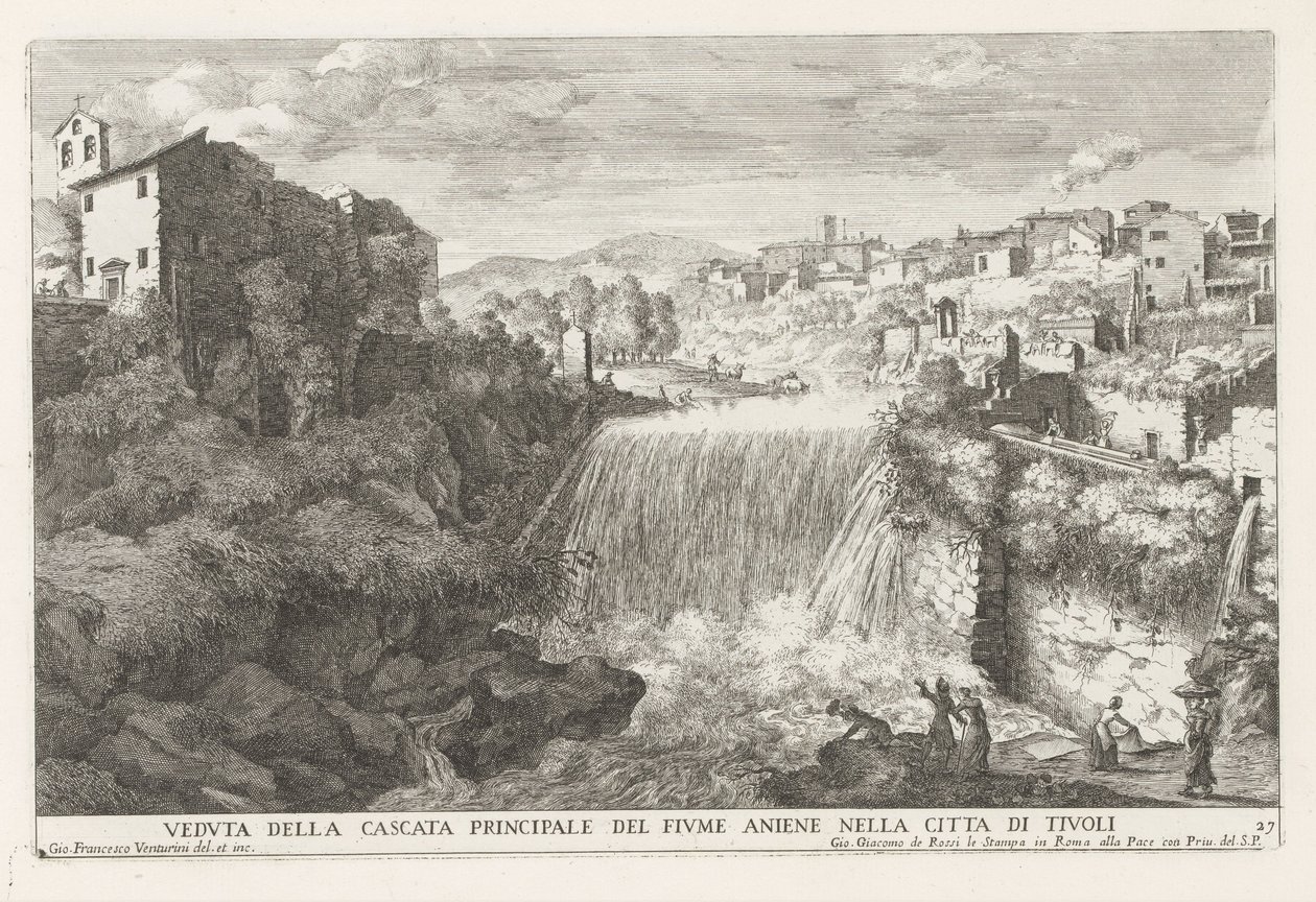 Waterval v rivier de Aniene v Tivoli Pohled na hlavní vodopád řeky Aniene ve městě Tivoli (název na objektu) Fontány zahrady Estense v Tivoli (název série) Fonteinen in de tuinen van Villa d