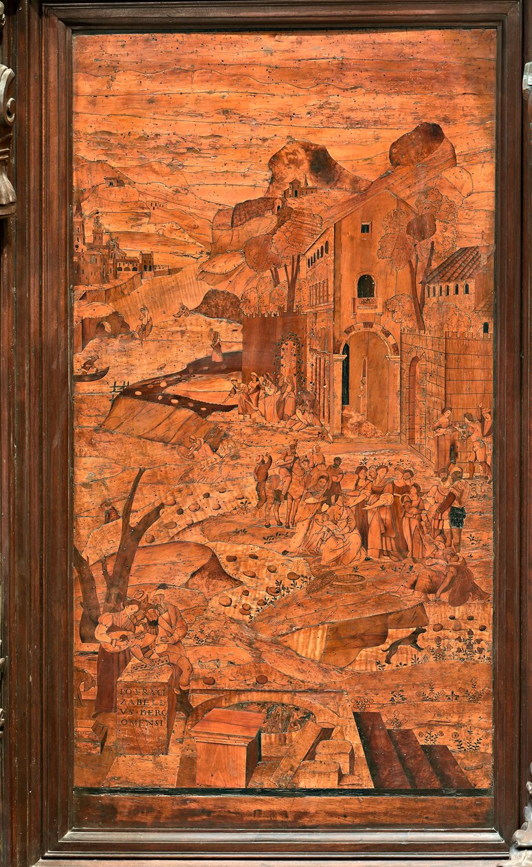 Janov, Duomo (katedrála svatého Vavřince), uvnitř, apsida, chór, severní strana: „Mojžíš zachráněn z vod“, dřevěná intarzie od Giovanniho Francesca Zambelliho (XVI. století) od Giovanni Francesco Zambelli