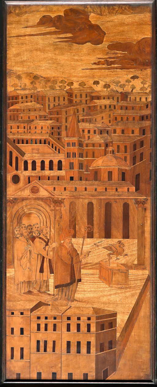 Janov, Duomo (katedrála sv. Vavřince), uvnitř, apsida, chór, severní strana: "St Syrus zahání baziliška", dřevěná intarzie od Anselma De 