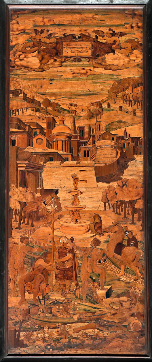 Janov, Duomo (katedrála svatého Vavřince), uvnitř, apsida, chór, jižní strana: "Alegorie", dřevěná intarzie Giovanni Francesco Zambelli (XVI. století) od Giovanni Francesco Zambelli