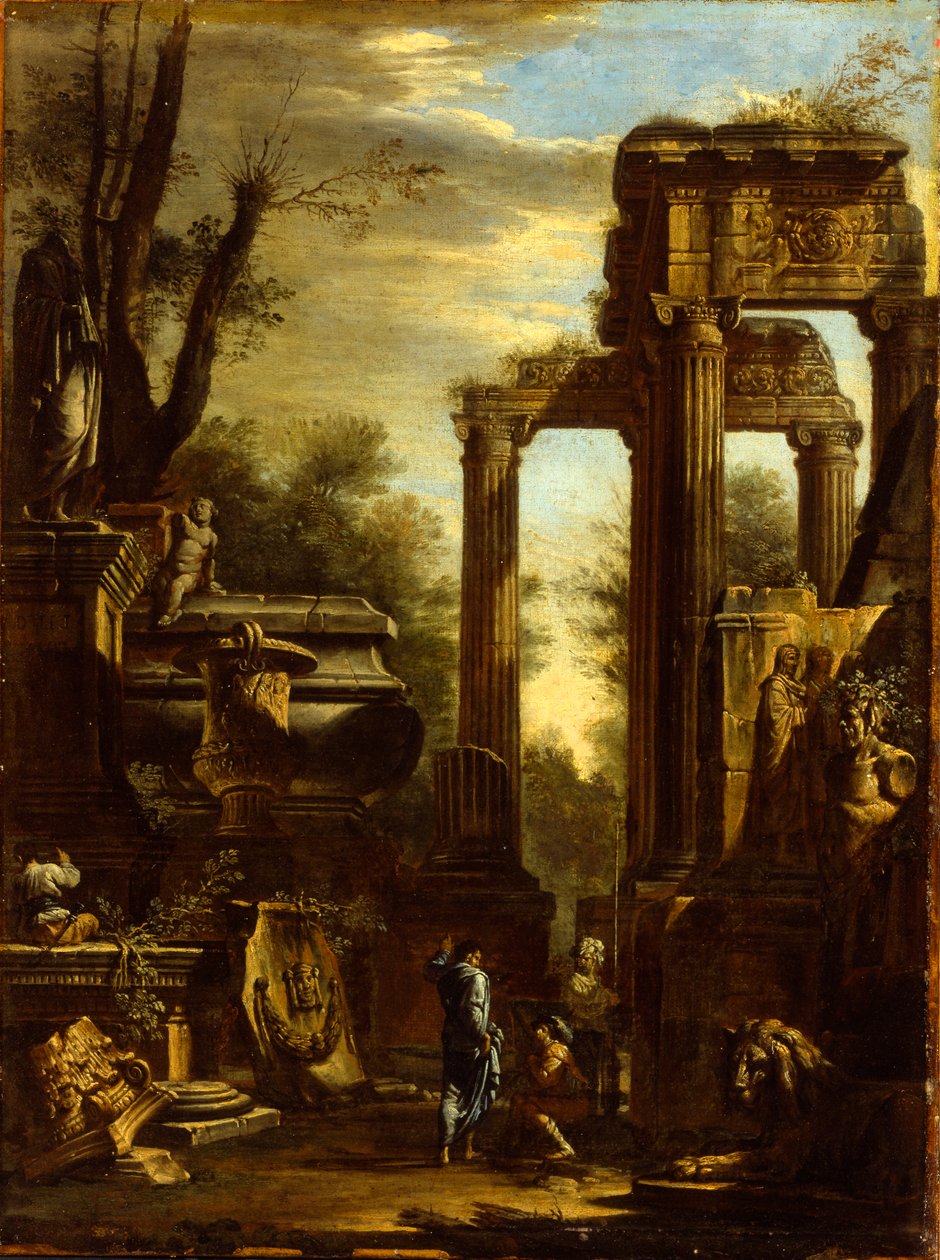 Capriccio klasických ruin a sousoší s postavami konverzujícími od Giovanni Ghisolfi