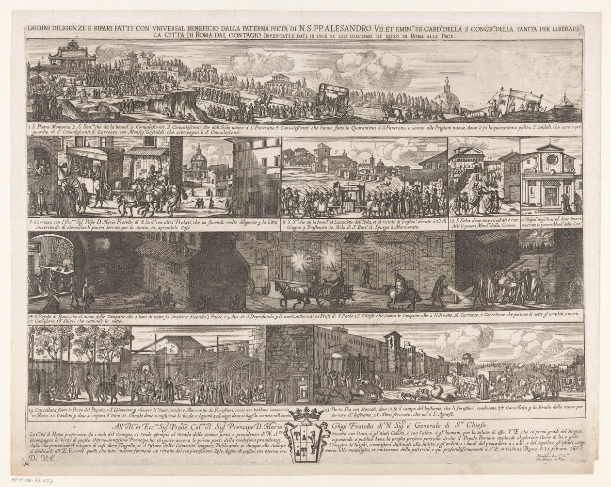 Optocht om Rome vrij te maken van de pest Diligence zakázky a opravy provedené s univerzálním prospěchem otcovským Pietra di N. S. PP. Alexandr VII. et emin.mi SS. card.li S. congr.me della sanita osvobodit město Řím od nákazy (titul na o od Giovanni Giacomo de