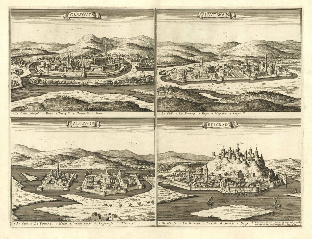Hrady Košice, Hatvan, Szolnok a Bělehrad (Giovanni Giacomo De Rossi, 1683) od Giovanni Giacomo De Rossi