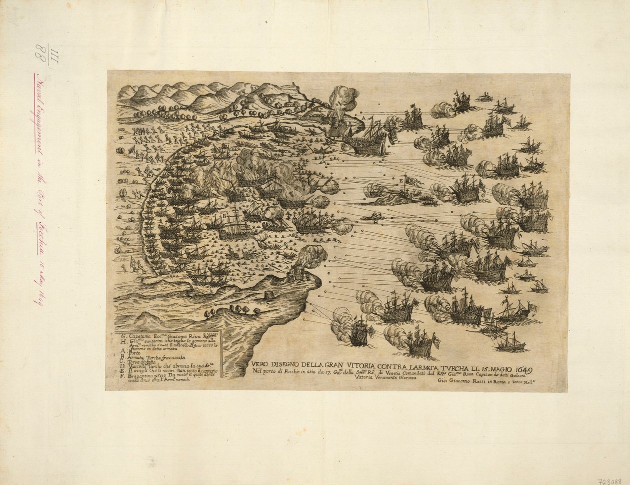 SKUTEČNÝ PLÁN VELKÉHO VÍTĚZSTVÍ PROTI LARMATA TVRCHA LI. 15. KVĚTNA 1649 V přístavu Focchie v asii u. 17. Ga:ni ze Sere:ma Re.a z Benátek Velí Ecc:mo Gia.mo Riua kapitán zmíněných galeon Skutečně slavné vítězství. od Giovanni Giacomo De Rossi
