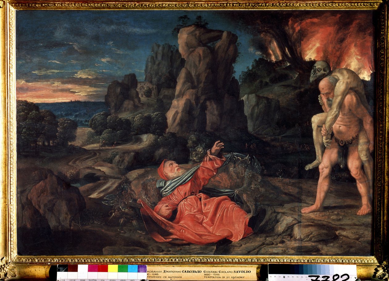 Pokušení svatého Antonína. Obraz Giovanni Girolamo Savoldo (1480 nebo 1485-1548). Olej na dřevě, 58 x 86 cm, kolem roku 1530. Puškinovo muzeum výtvarných umění, Moskva. od Giovanni Girolamo Savoldo