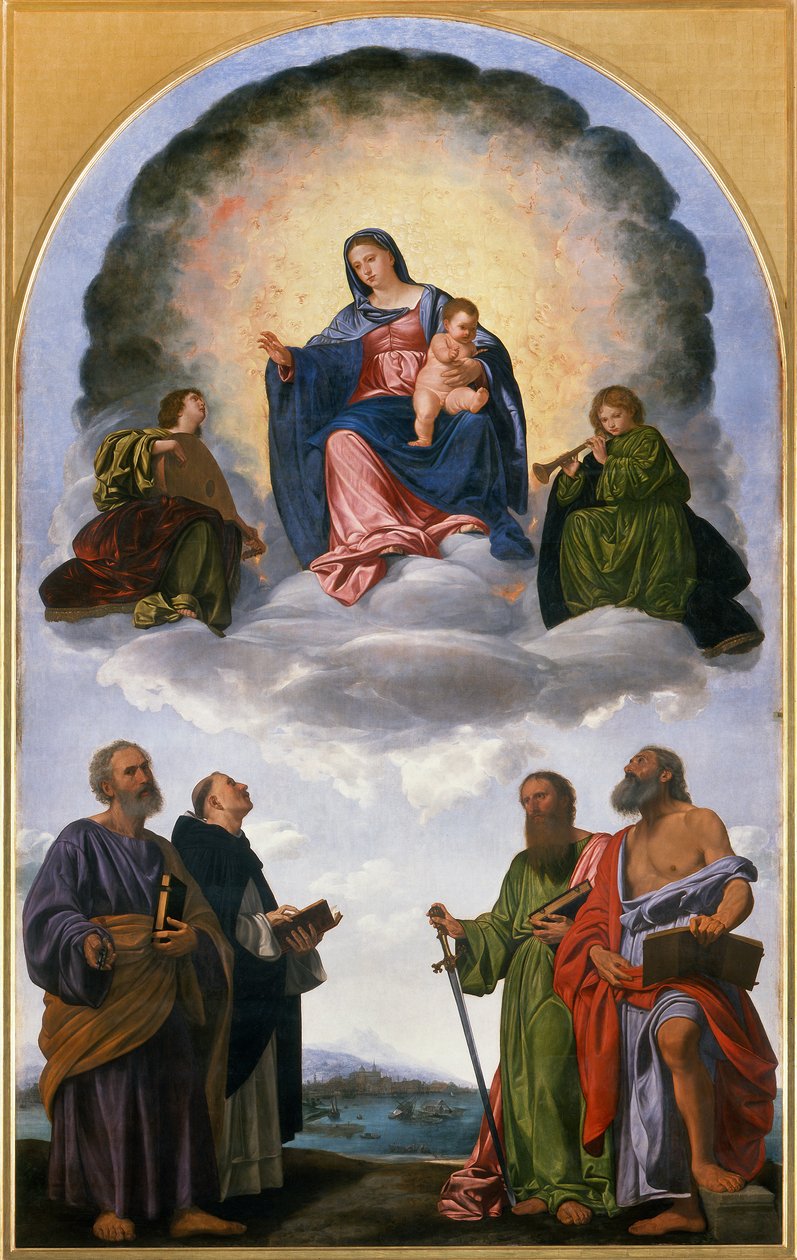 Madona ve slávě s Ježíškem, Dva andělé hudebníci, sv. Petr, sv. Dominik, sv. Pavel a sv. Jeroným (oltář v Pesaru) od Giovanni Girolamo Savoldo