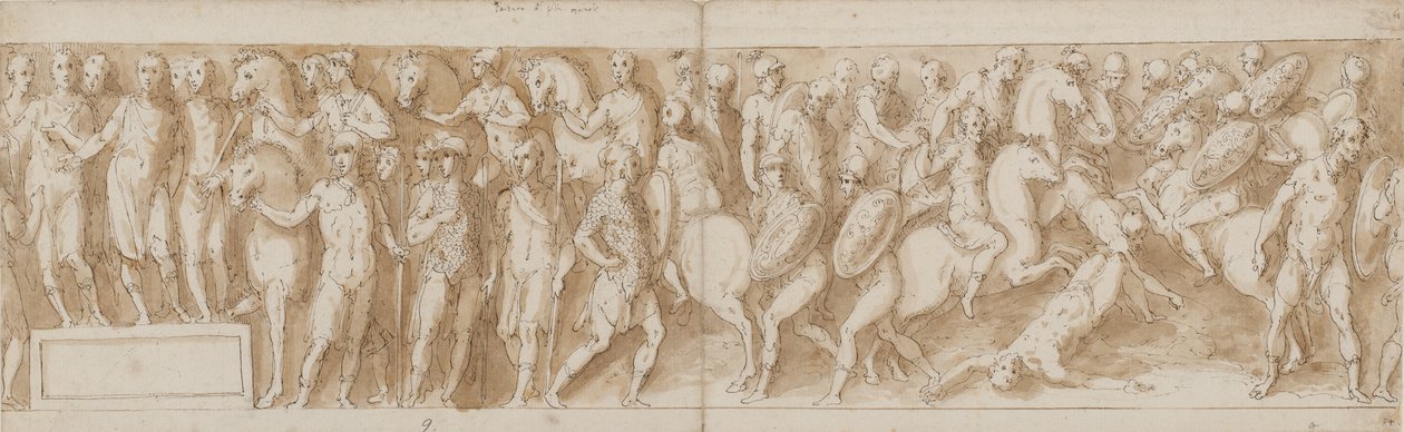 Marcus Aurelius obdrží zprávu o zajetí žen (LXXXVI); Marcus Aurelius přichází z pochodu (LXXXVII); německý náčelník je odveden (LXXXVIII); náčelníkovi poslední muži padají (z mostu, který Guerra nereprodukoval) (LXXXIX) od Giovanni Guerra