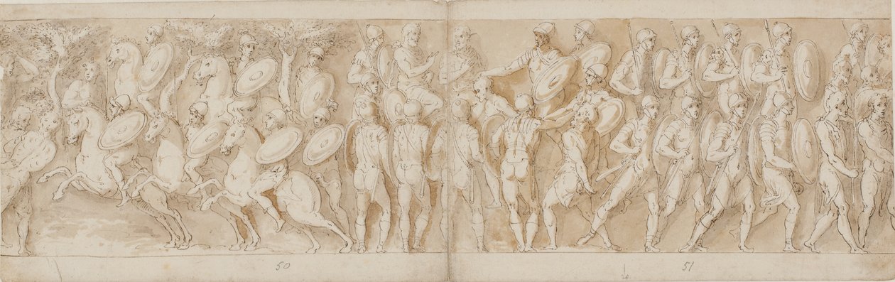 římská jízda (LXV); useknutá hlava (Guerra interpretovaná jako zajatec) a německý zajatec jsou přivedeni před císaře (LXVI); Římané postupující (LXVII) od Giovanni Guerra
