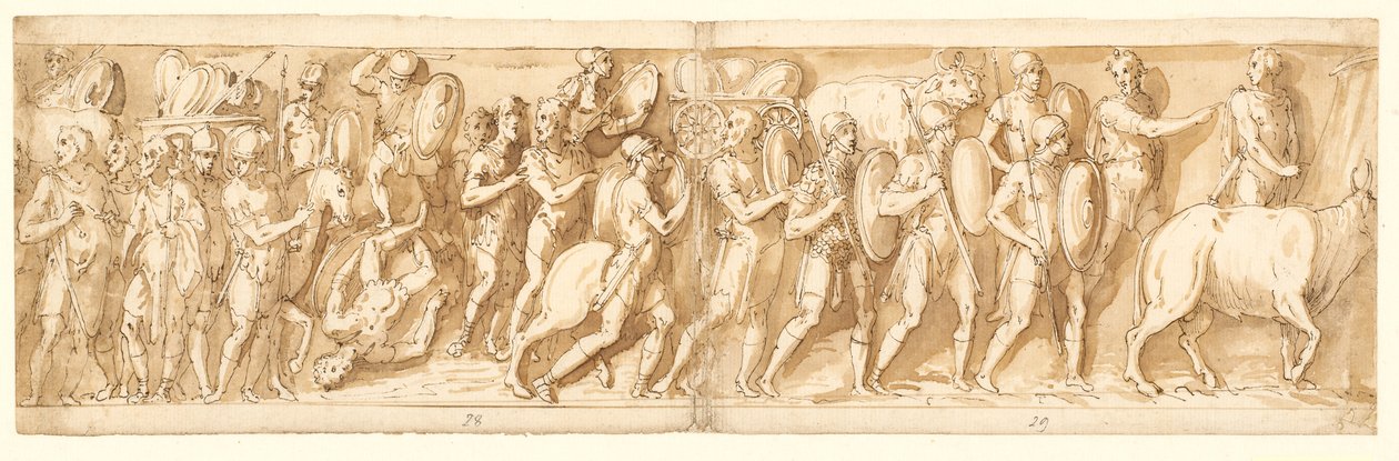 Římané na pochodu (XXXVI); Marcus Aurelius, Pompeius a doprovod sledují pochod (XXXVII); zastavení pochodu (XXXVIII) od Giovanni Guerra