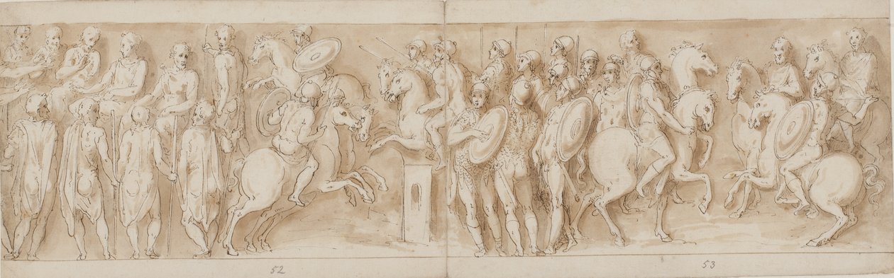 Sarmati před říšskou radou (konec LXII, začátek LXIII); obklopeni strážemi, Marcus Aurelius a Pompeius na koni sledují šarvátku (XC); Němečtí šlechtici přinášející zprávu (až do poloviny XCI) od Giovanni Guerra