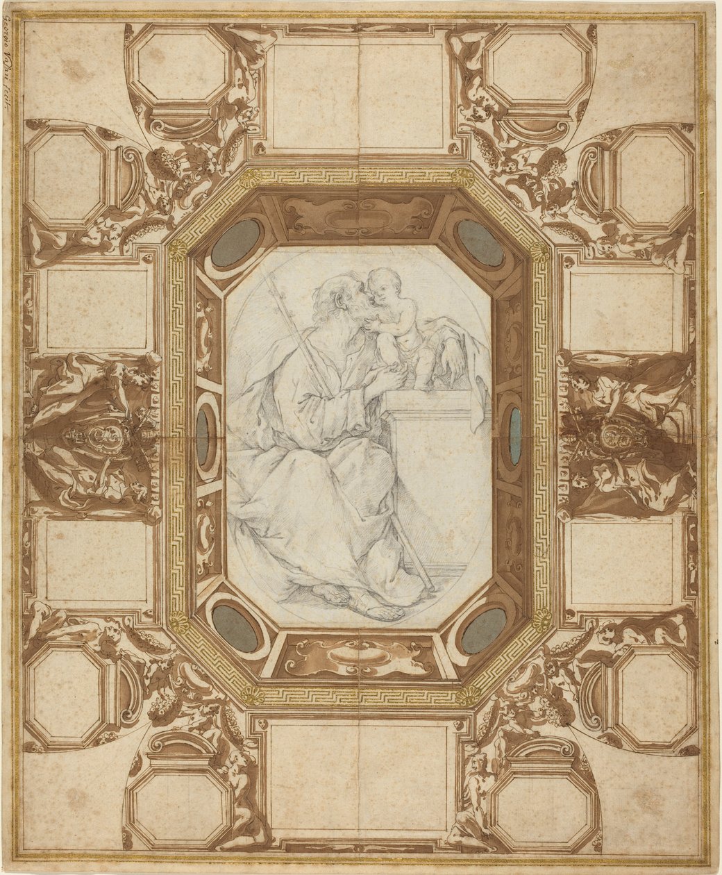 Strop s alegorickými postavami a pažemi papeže Sixta V. (vnější kresba Guerry); Svatý Josef a Ježíšek (Vianiho ústřední kresba) od Giovanni Guerra and Domenico Maria Viani