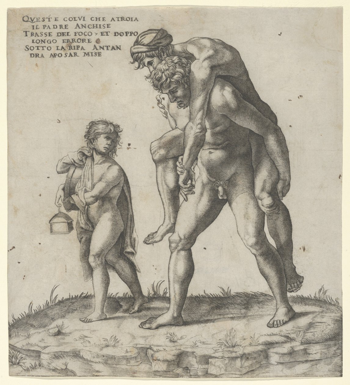 Aeneas zachraňující Anchise, mladého chlapce nesoucího lucernu nalevo, ca. 1525, ca. 1525. od Giovanni Jacopo Caraglio