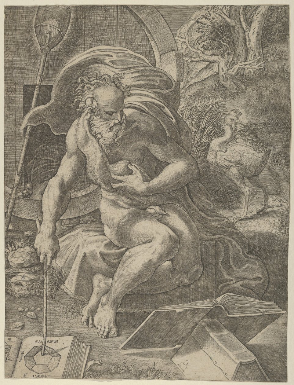 Diogenes seděl s barelem za ním a četl knihu, zatímco držel hůl..., ca. 1526-27. od Giovanni Jacopo Caraglio