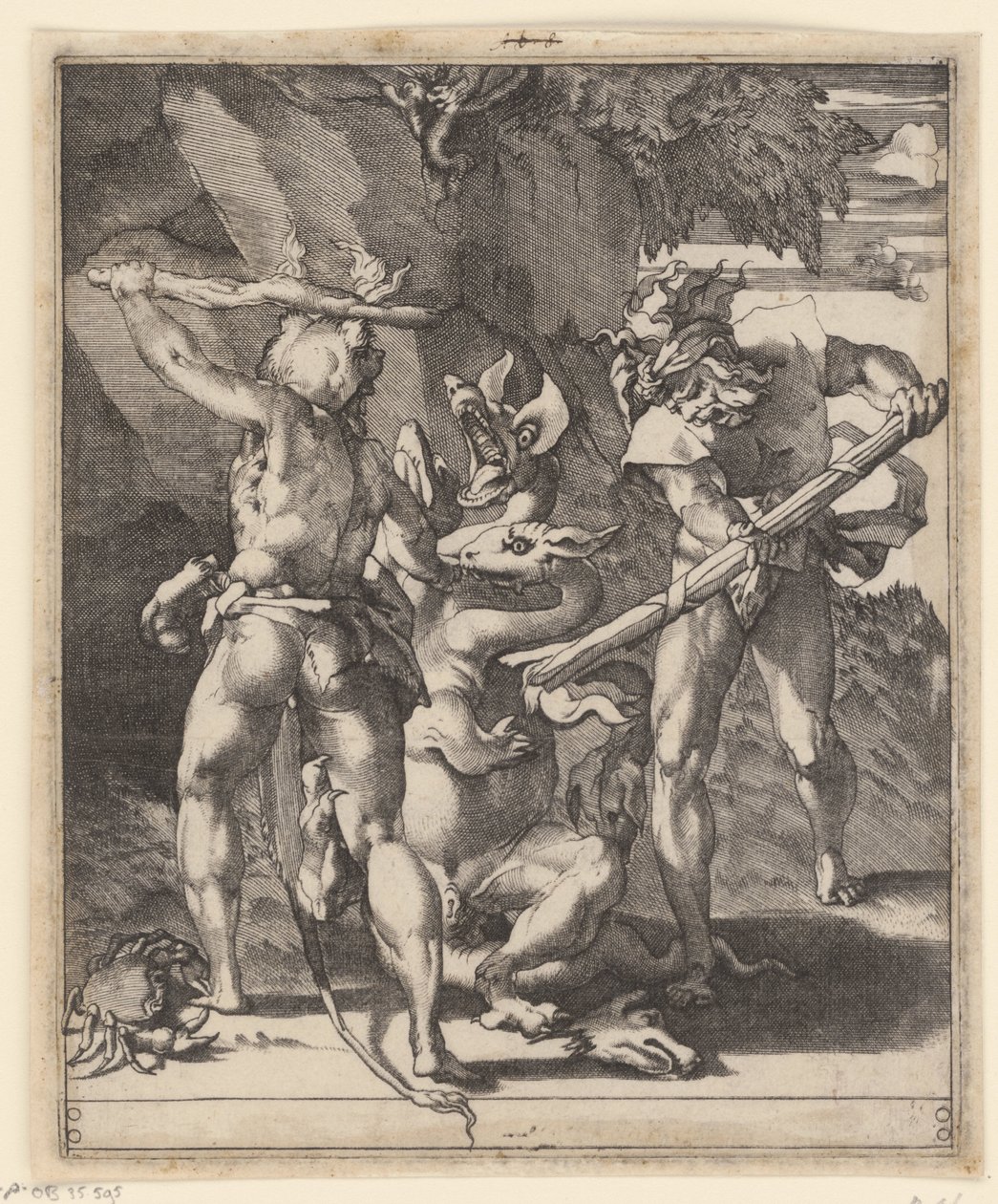 Herkules bojuje s hydrou Lerny Scény s Herkulesem (název série) od Giovanni Jacopo Caraglio