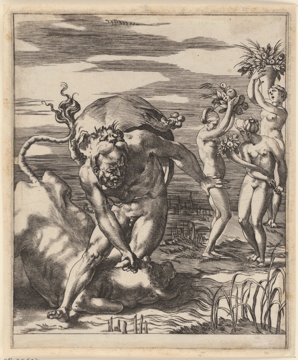 Hercules zápasí s Achelousem Scény s Herkulesem (název série) od Giovanni Jacopo Caraglio