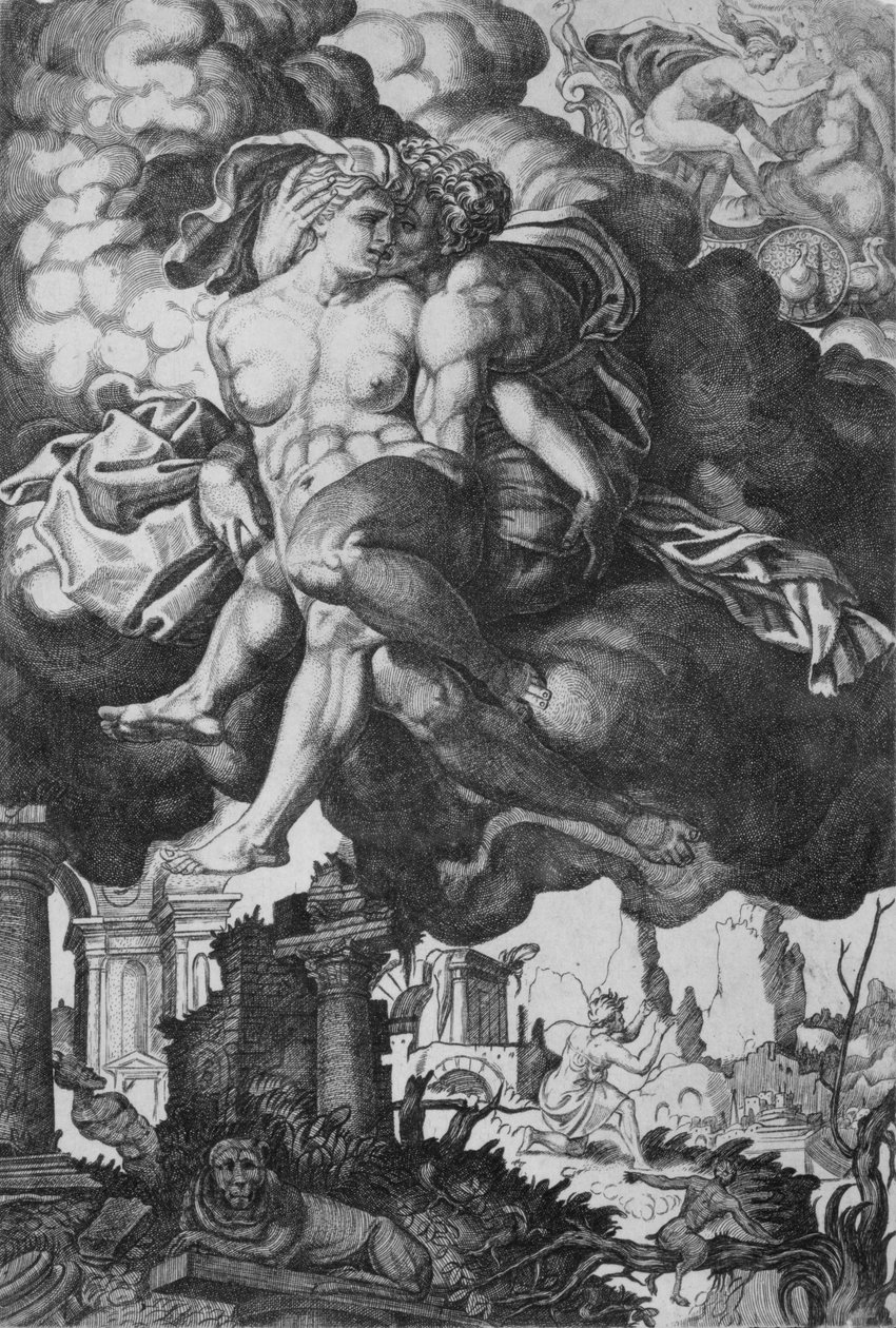 Ixion pokoušel se svést Juno, obklopený mraky s ruinami dole, ca. 1520-39. od Giovanni Jacopo Caraglio