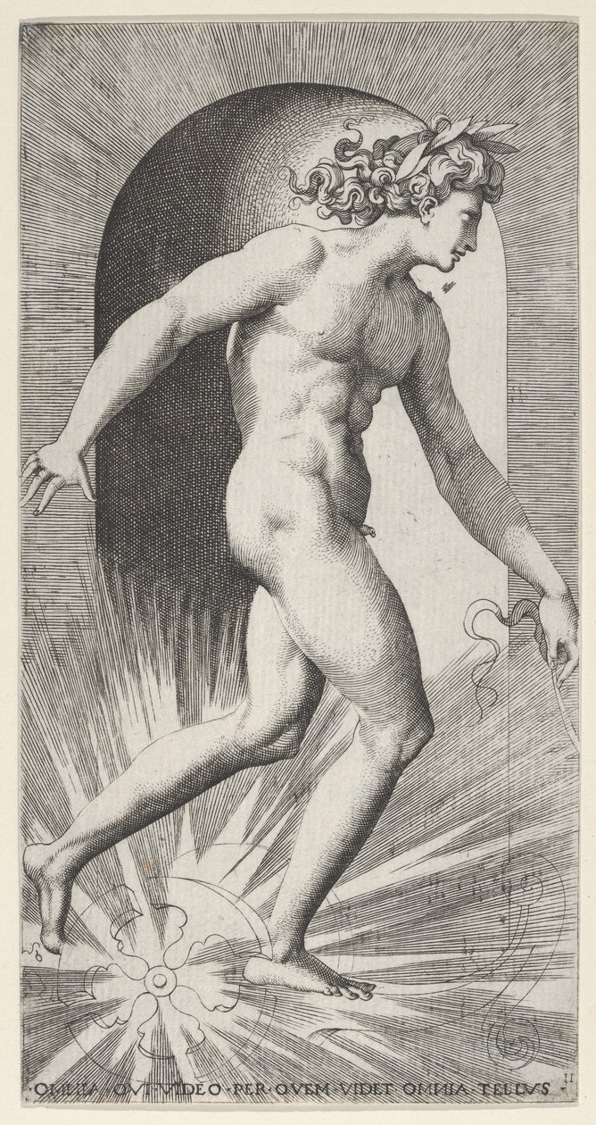 Deska 11: Apollo jedoucí na svém voze ve výklenku, otočený vpravo, ze série mythologica..., 1526. od Giovanni Jacopo Caraglio