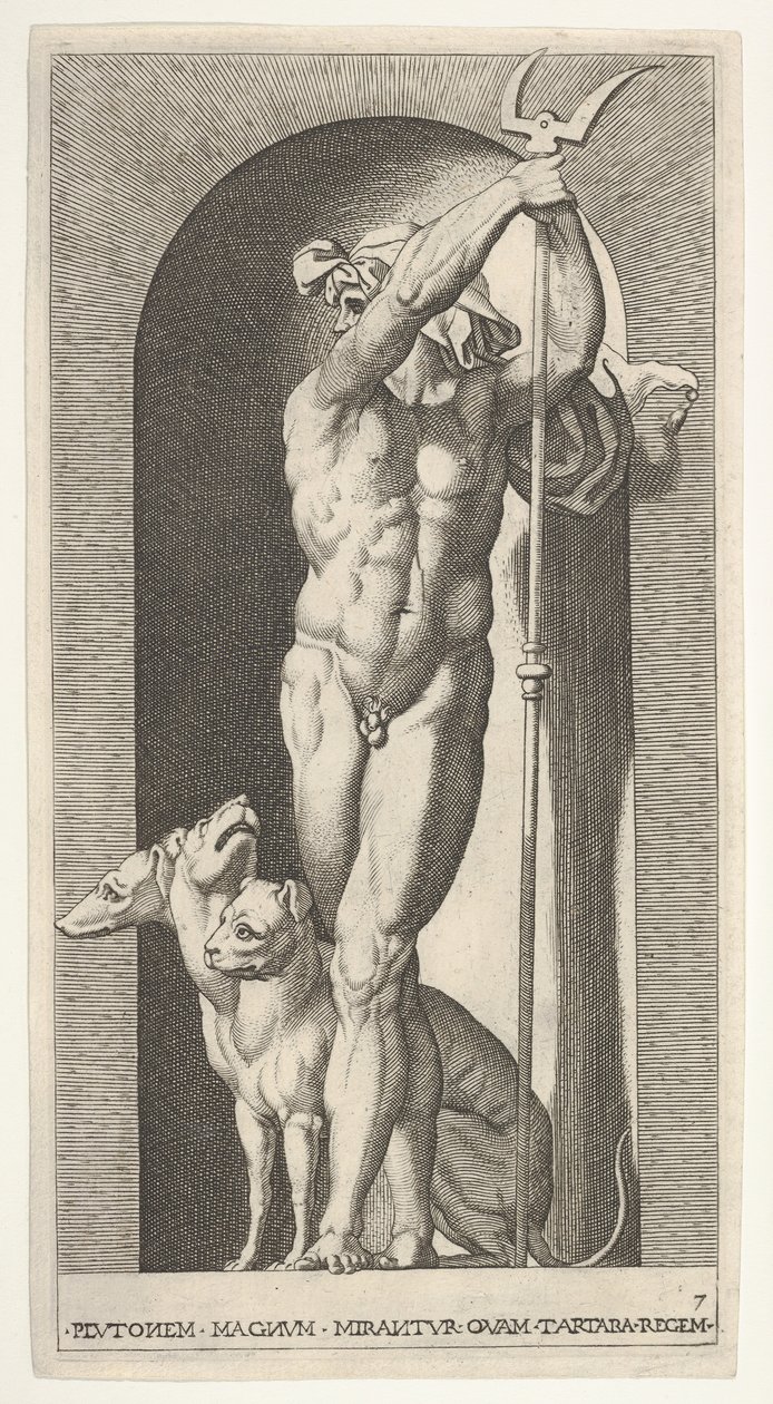 Deska 7: Pluto ve výklenku, držící bident, s Cerberem vedle něj, ze série m..., 1526. od Giovanni Jacopo Caraglio
