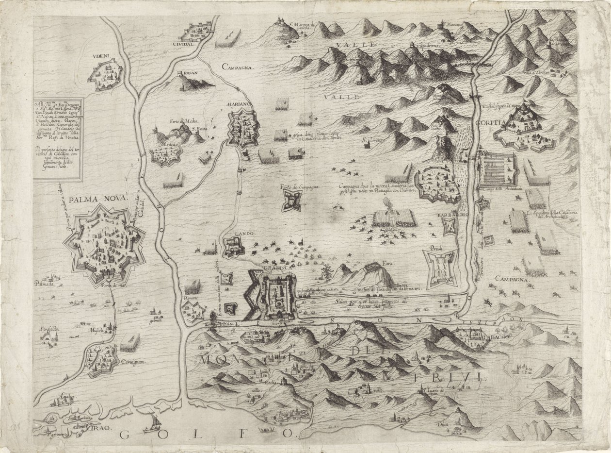 Mapa obléhání Palmanova od Giovanni Justo