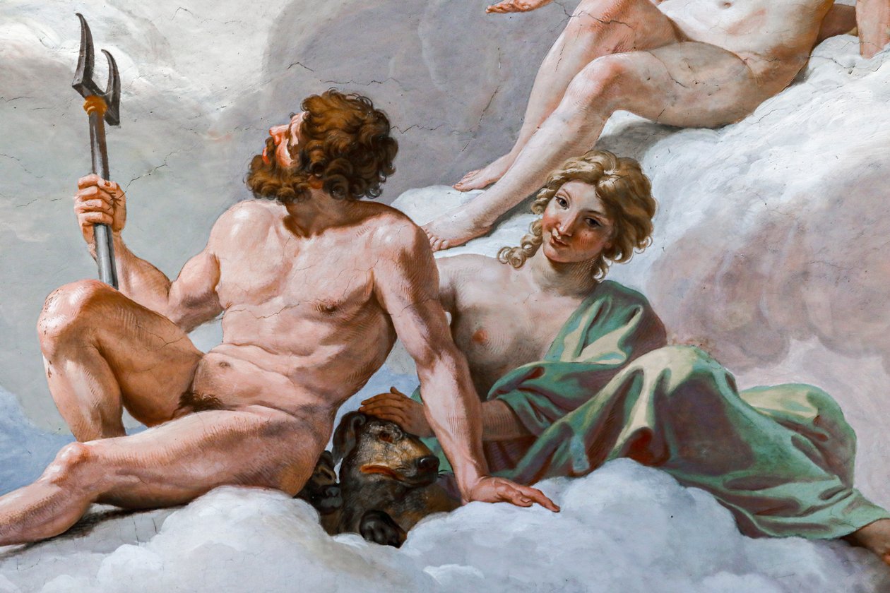Pluto, bůh podsvětí, a jeho manželka Prosperine. Detail "rady bohů" 1624-1625. freska od Giovanni Lanfranco