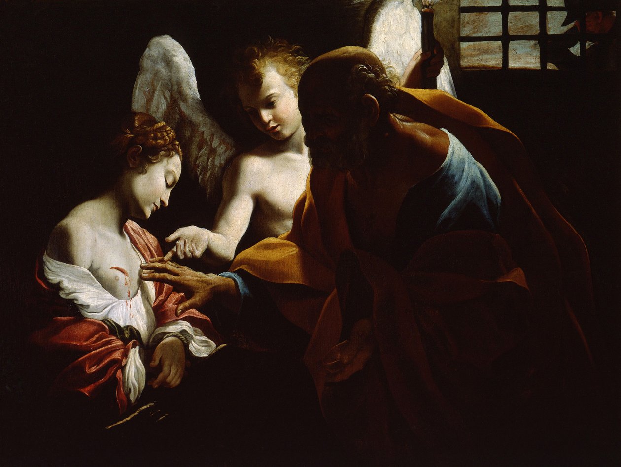 Svatá Agáta navštěvovaná svatým Petrem a andělem ve vězení, cca 1614 od Giovanni Lanfranco