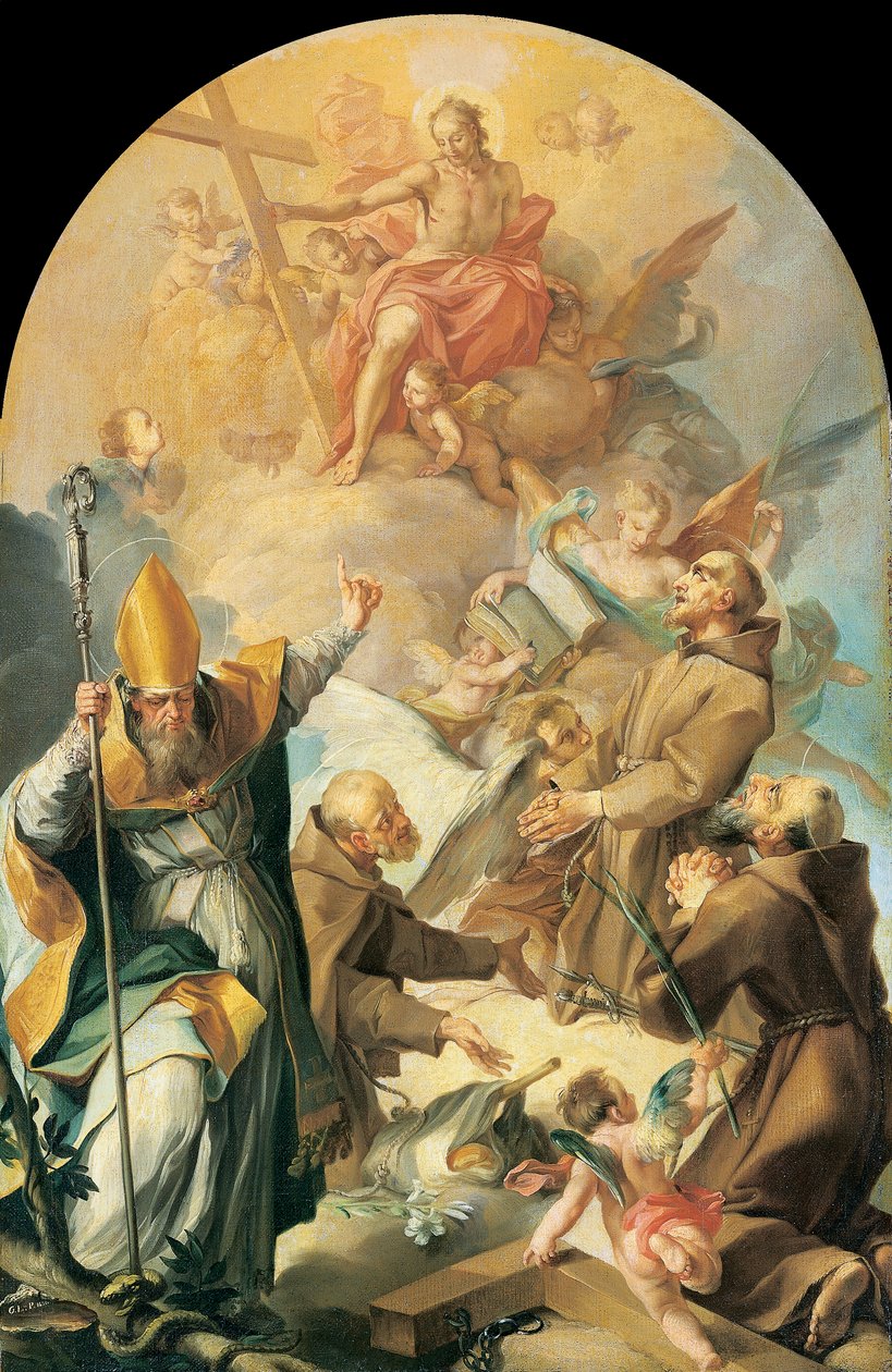 Tři kapucínští světci a biskup uctívající Krista a kříž od Giovanni Lanfranco