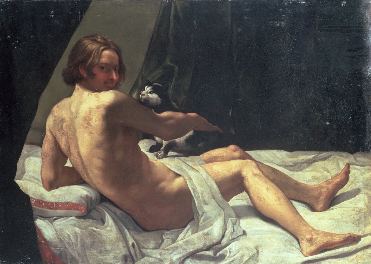 Mladý muž ležící na posteli s kočkou, 1620 od Giovanni Lanfranco