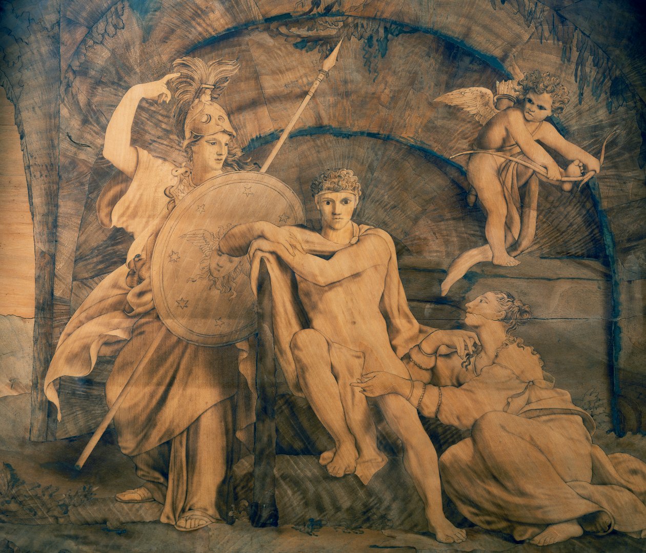 Herkules na křižovatce mezi marností a slávou, intarzované dřevo od Giovanniho Maffezzoliho (1779-1818) podle návrhu malíře Giuseppe Diotti, Itálie od Giovanni Maffezzoli