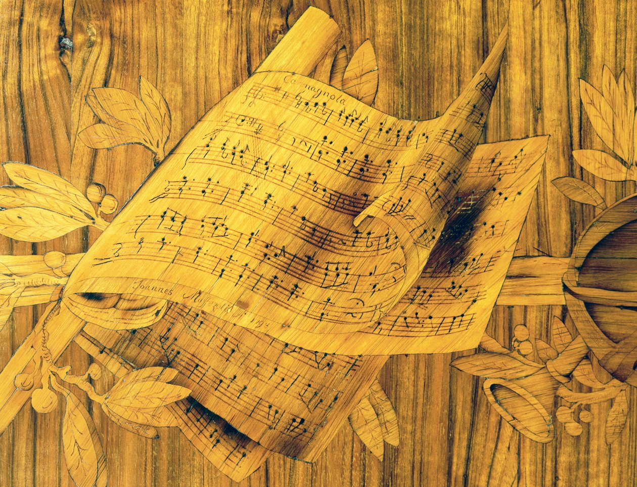 Notová partitura, střední část intarzie na rohové skříni s jednoduchými velkými dvířky, od Giovanniho Maffezzoliho (1779-1818), žáka Giuseppe Maggioliniho, signováno a datováno 1798, Itálie od Giovanni Maffezzoli